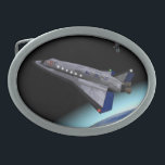El Al Maslool Space Shuttle Oval Belt Buckle<br><div class="desc">For future Jewish astronauts. A digital rendering of an El Al (Israel's iconic national air carrier) spacecraft entering orbit. The Earth is seen below; a space station floats in the distance. Maslool is the Hebrew word for "orbit"</div>