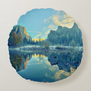 El Capitan and Three Brothers Reflection Round Pillow