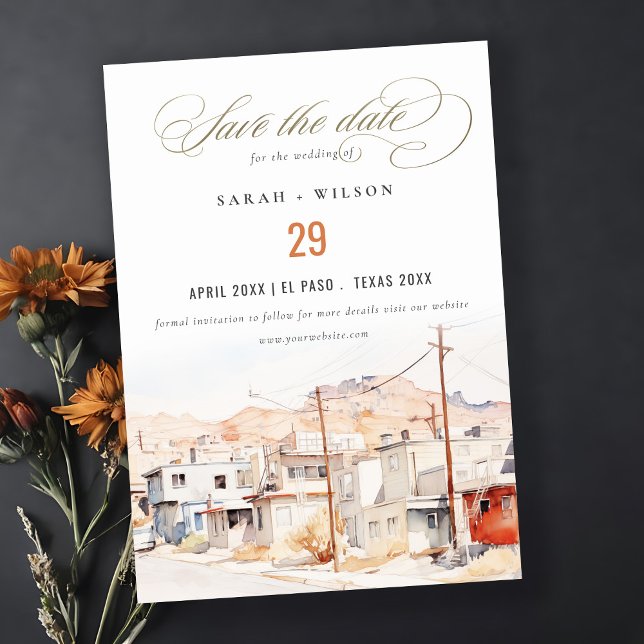 El Paso Texas City Scape Watercolor Wedding Save The Date (Creator Uploaded)