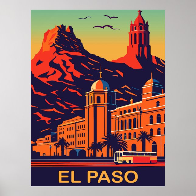 El Paso, Texas, Sunset Over the Mountains, Travel Poster (Front)