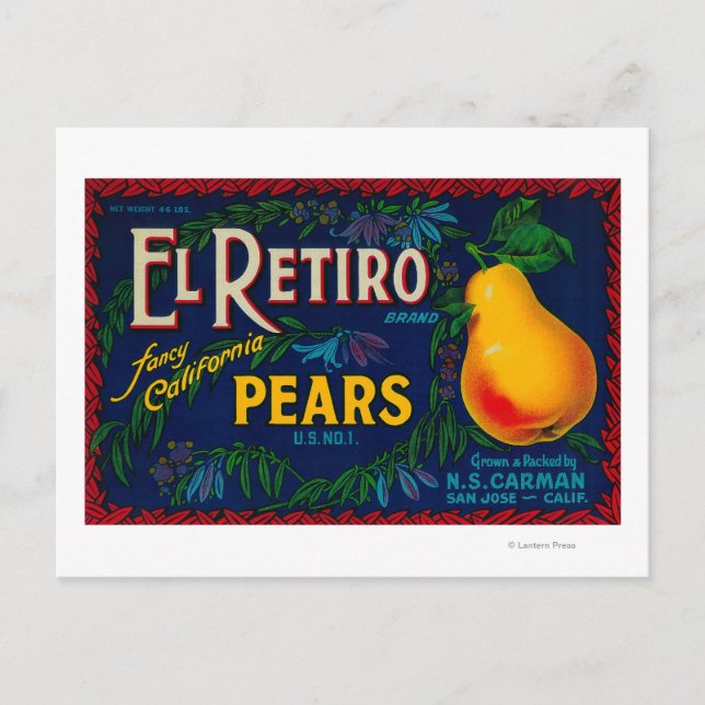 El Retiro Pear Crate Label Postcard (Front)