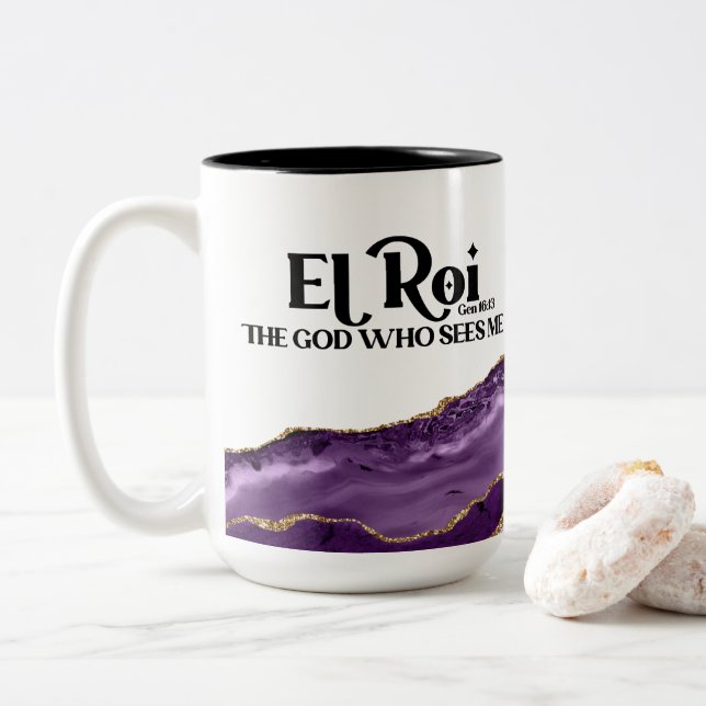 El Roi The God Who Sees Me Purple Marble Name Two-Tone Coffee Mug (With Donut)