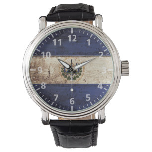 El Salvador Flag on Old Wood Grain Watch