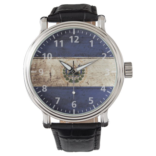 El Salvador Flag on Old Wood Grain Watch (Front)
