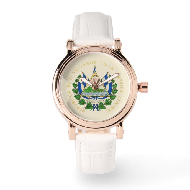 El Salvador Rose Gold White Leather Watch (Front)