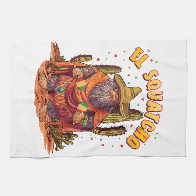 El Squatcho Bigfoot with Maraca, Sombrero and Ponc Kitchen Towel (Horizontal)