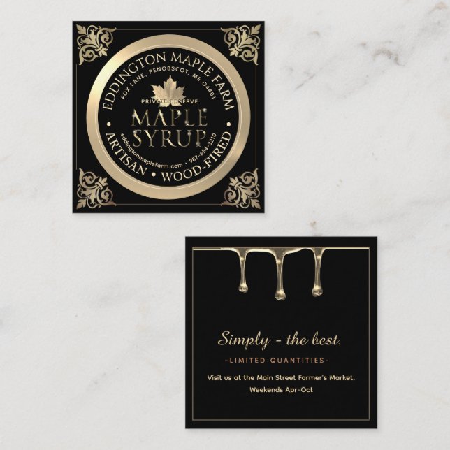 Elaborate Artisan Black and Gold Maple Syrup  Square Business Card (Front/Back)