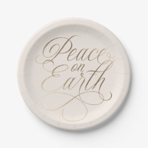 Elaborate, Elegant Peace on Earth faux-gold script Paper Plate
