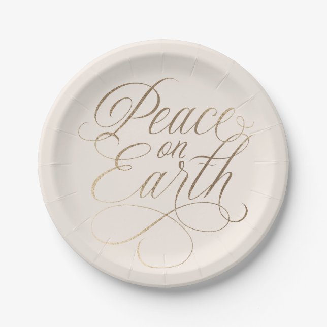 Elaborate, Elegant Peace on Earth faux-gold script Paper Plate (Front)