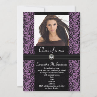Elaborate Purple Black Damask Graduation Invitation