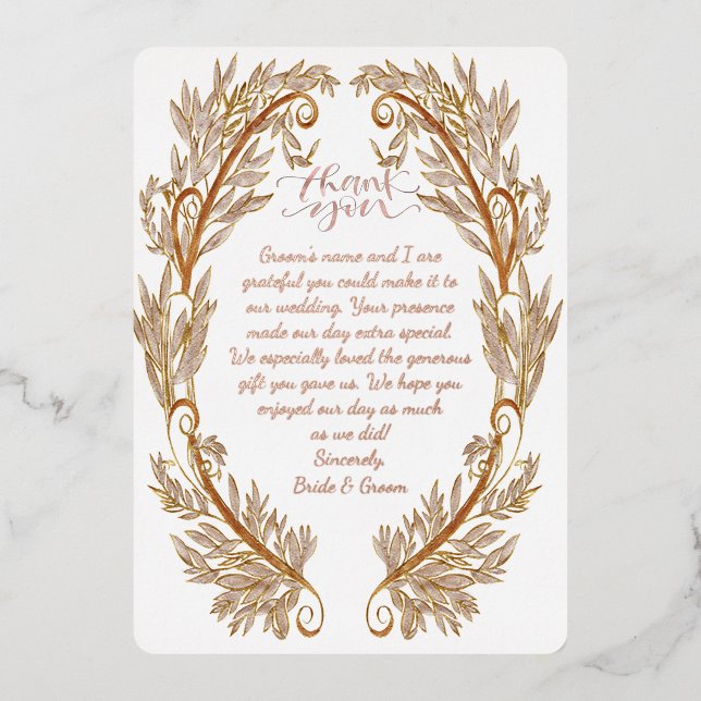 Elaborate Rose Gold Foil Wedding Thank You (Front)