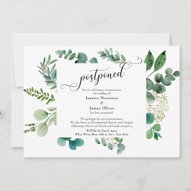Elaborate Script Eucalyptus Postponed Wedding Card (Front)
