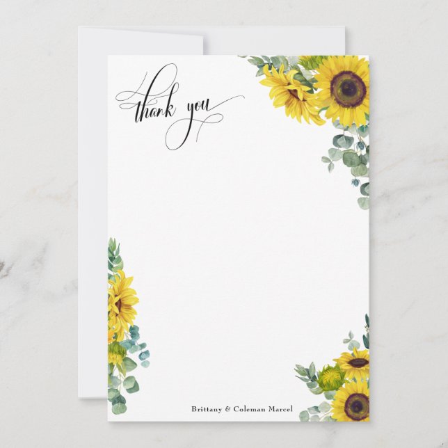 Elaborate Script Eucalyptus & Sunflowers Thank You Card (Front)