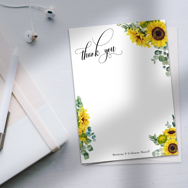 Elaborate Script Eucalyptus & Sunflowers Thank You Card (Creator Uploaded)