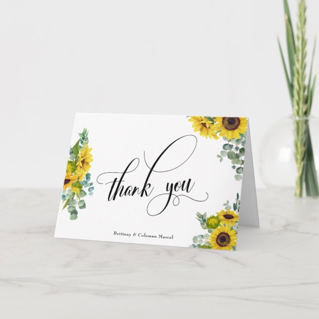 Elaborate Script Eucalyptus & Sunflowers Thank You Card (Front)