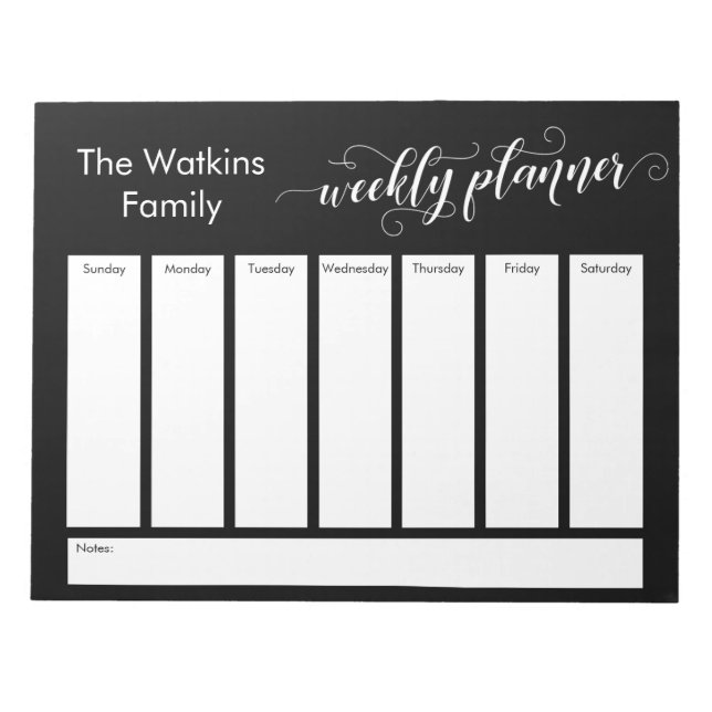 Elaborate Script Simple Black Weekly Planner Notepad (Front)