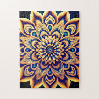 Elaborate Teal Blue Gold Floral Painted Mandala  Jigsaw Puzzle