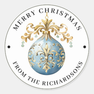 Elaborate Victorian Ornament Blue Merry Christmas  Classic Round Sticker