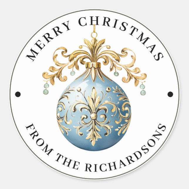 Elaborate Victorian Ornament Blue Merry Christmas  Classic Round Sticker (Front)