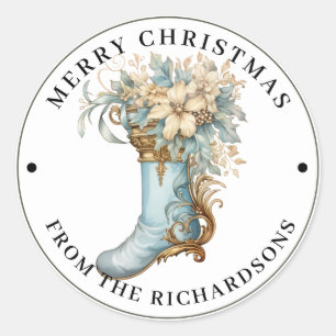 Elaborate Victorian Stocking Blue Merry Christmas Classic Round Sticker