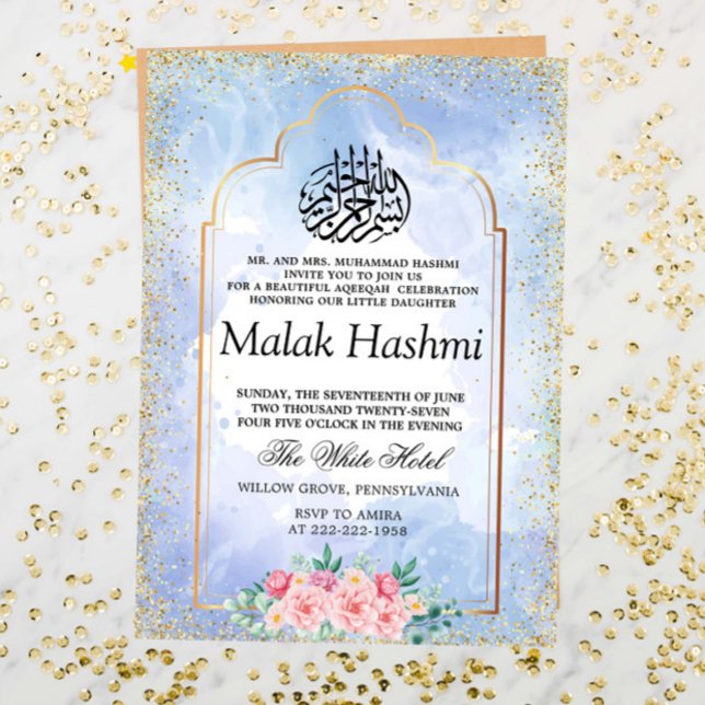 Elagant Gold Mosque Blue watercolor Islamic Aqeeqa Invitation (Creator Uploaded)