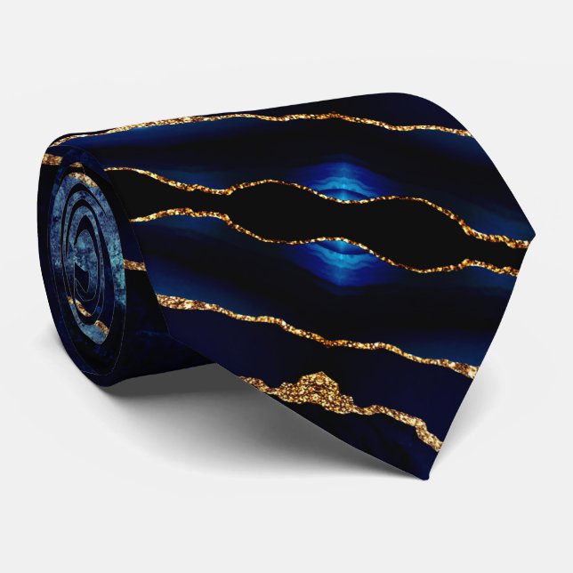 Elagant Neck Tie Agate Navy Blue Gold Marble (Rolled)