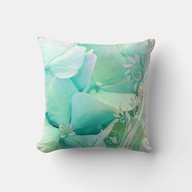 "Elation" mint green Hydrangea floral throw pillow (Front)