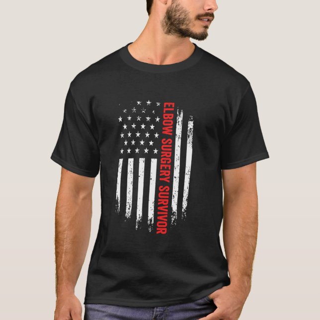 Elbow Arm Surgery Survivor American Flag Recovery  T-Shirt (Front)