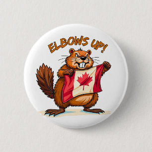 Elbows UP! Beaver, Canadian Flag Maple Leaf 2 Inch Round Button