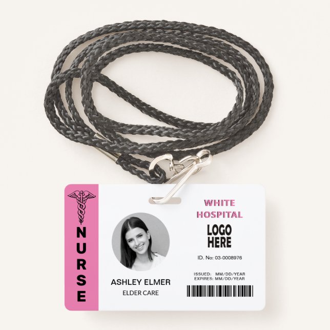 Elder care nurse ID pink photo template Badge (Front with Lanyard)