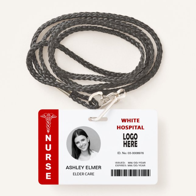 Elder care nurse ID red photo template Badge (Front with Lanyard)