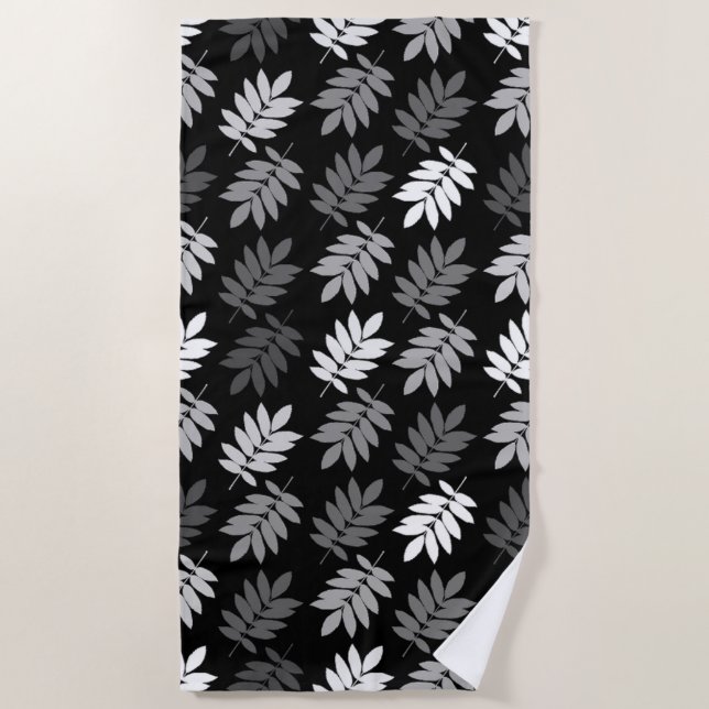 Elder Leaf Big Pattern Black White Grey Beach Towel (Front)