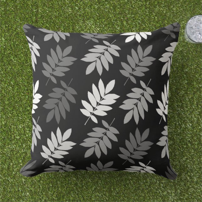 Elder Leaf Big Pattern Black White Grey Outdoor Pillow (Grass)