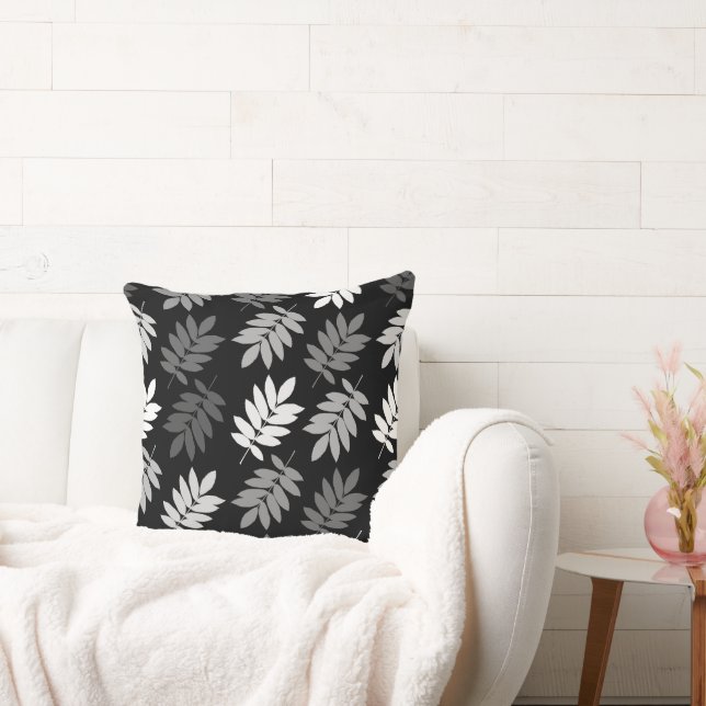 Elder Leaf Big Pattern Black White Grey Throw Pillow (Couch)