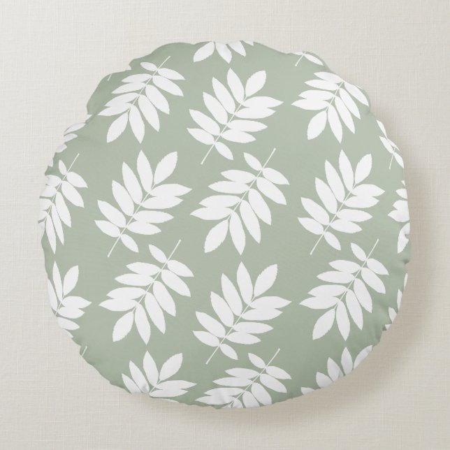 Elder Leaf Big Pattern White on Green Round Pillow (Front)