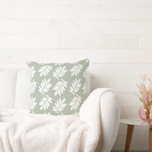 Elder Leaf Big Pattern White on Green Throw Pillow