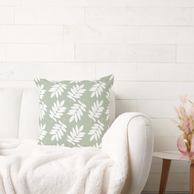 Elder Leaf Big Pattern White on Green Throw Pillow (Couch)