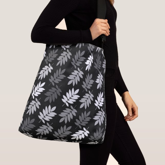 Elder Leaf Pattern Black White Grey Crossbody Bag (Close Up)