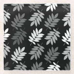 Elder Leaf Pattern Black White Grey Glass Coaster