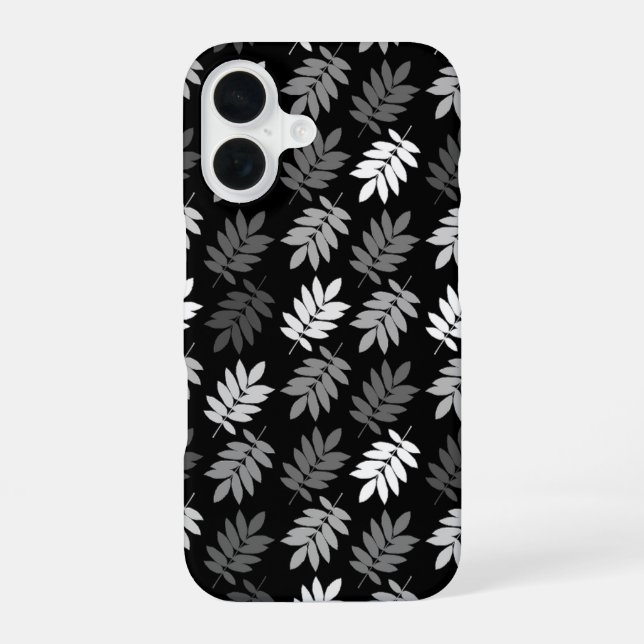 Elder Leaf Pattern Black White Grey iPhone 16 Case (Back)