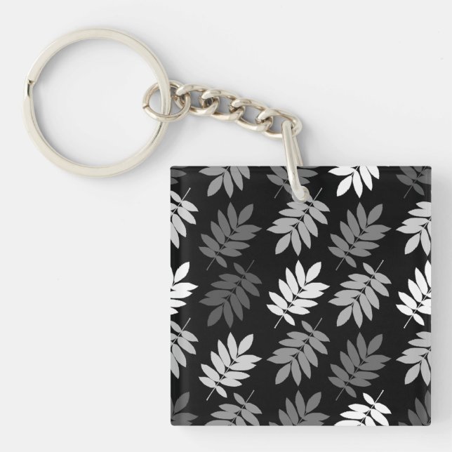 Elder Leaf Pattern Black White Grey Keychain (Front)