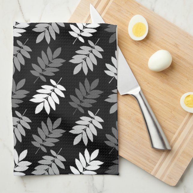 Elder Leaf Pattern Black White Grey Kitchen Towel (Quarter Fold)