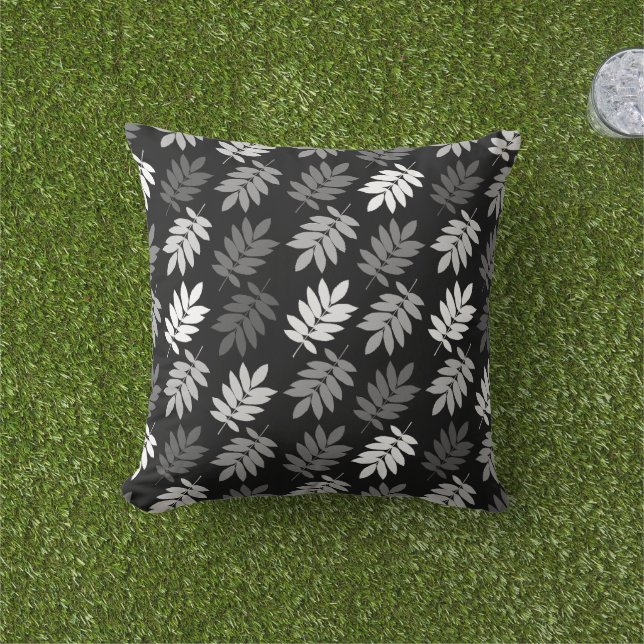 Elder Leaf Pattern Black White Grey Outdoor Pillow (Grass)