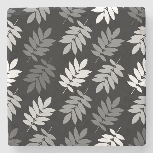 Elder Leaf Pattern Black White Grey Stone Coaster (Front)