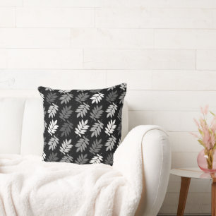 Elder Leaf Pattern Black White Grey Throw Pillow