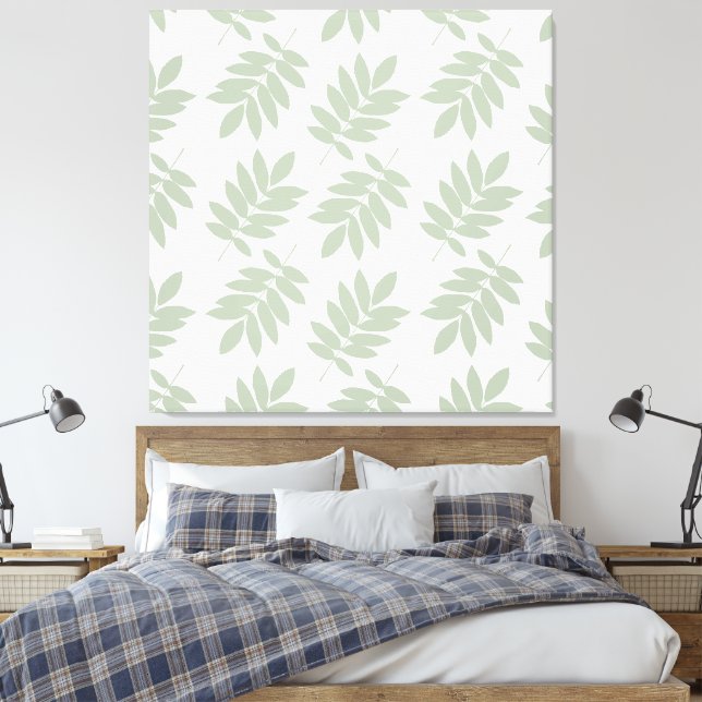 Elder Leaf Pattern Green+White Canvas Print (Insitu(Bedroom))