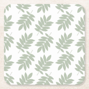 Elder Leaf Pattern Green+White Square Paper Coaster