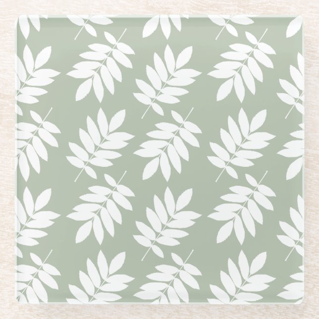 Elder Leaf Pattern White on Green Glass Coaster (Front)