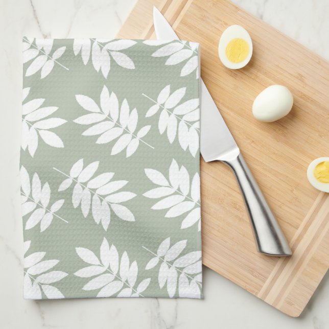 Elder Leaf Pattern White on Green Kitchen Towel (Quarter Fold)