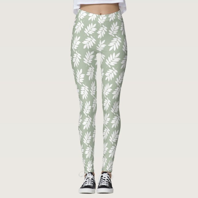 Elder Leaf Pattern White on Green Leggings (Front)